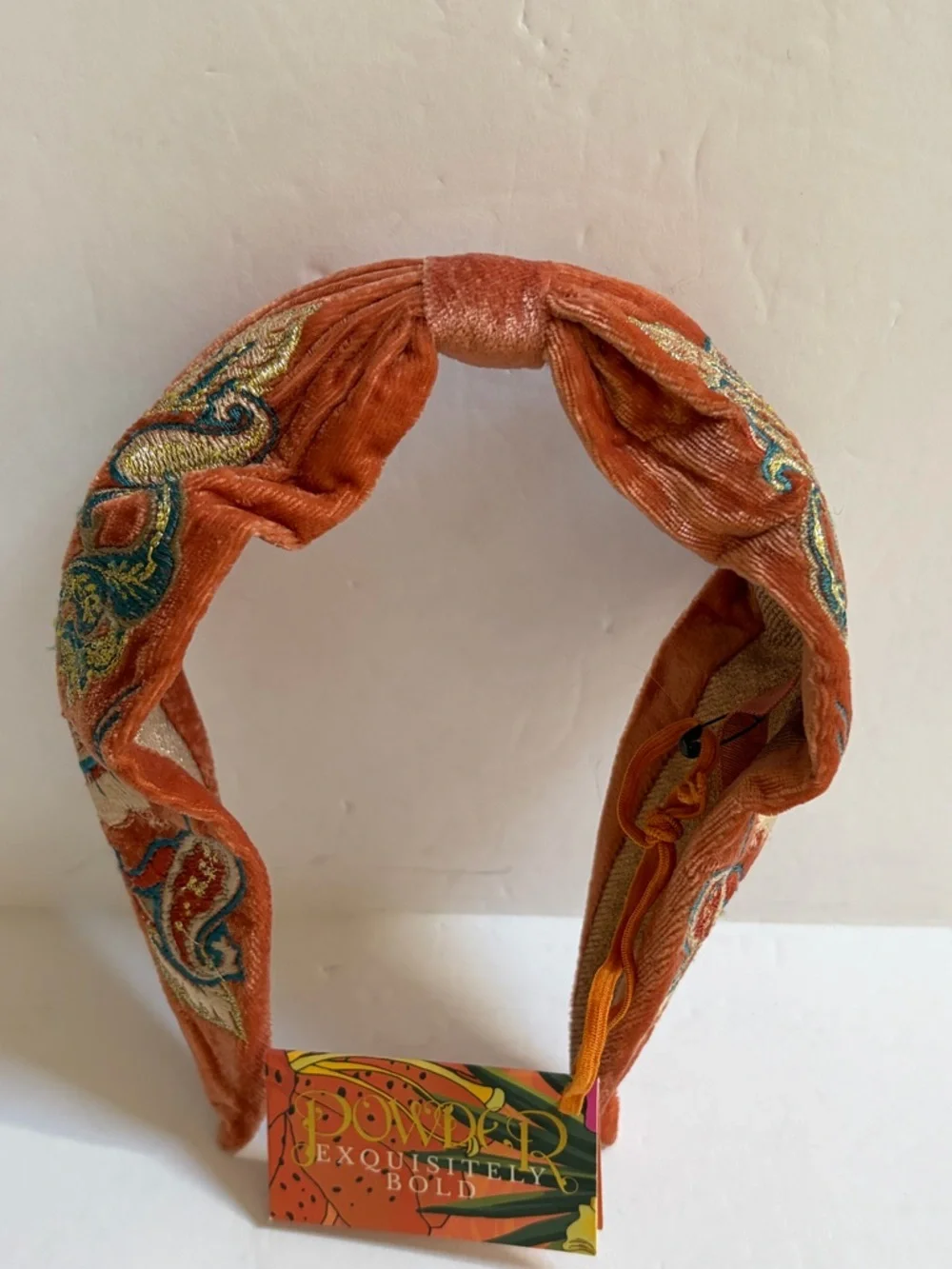 NWT Embroidered Velvet Headband Mediterranean Paisley Coral by Powder UK